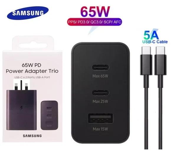 65W SAMSUNG UK PIN PD POWER ADAPTOR TRIO USB C x 2PORTS, USB-A PORT